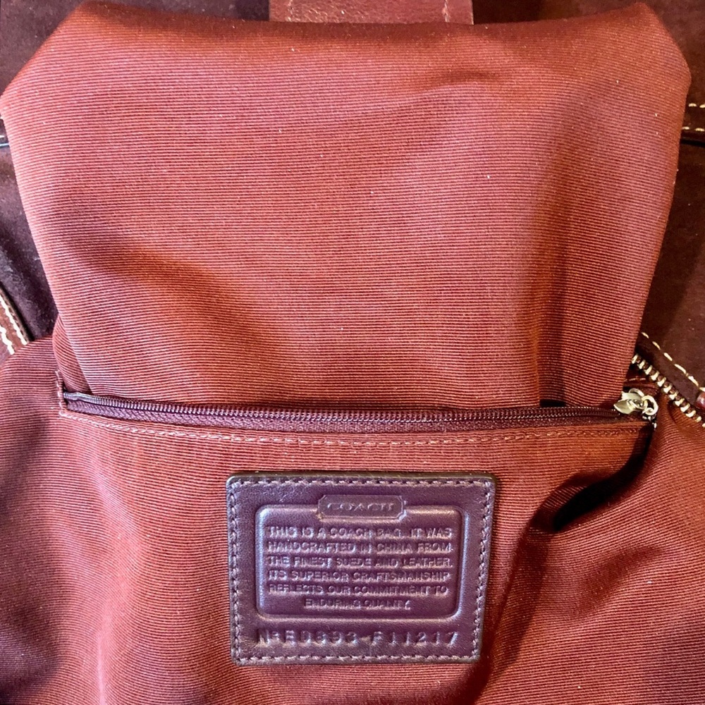 COACH Hampton Patchwork Mosaic Burgundy Leather Brown Suede Top Zip Shoulder Bag - Picture 14 of 17